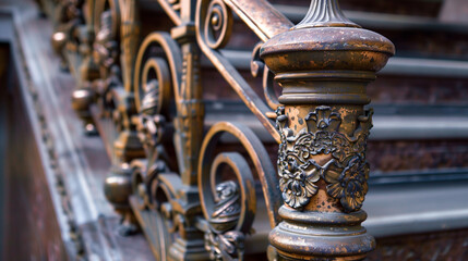 Stairway railing, close-up view of metal handrail on staircase. 