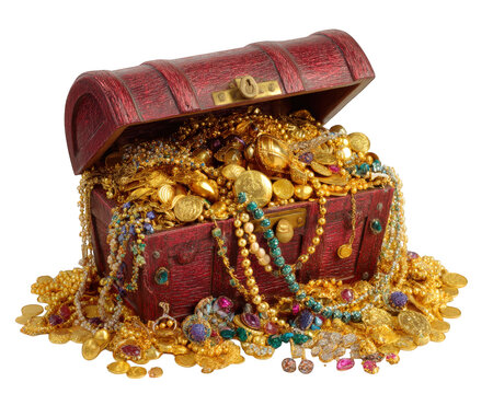 Vintage treasure chest overflowing with gold coins, jewelry, and colorful gems, creating sense of adventure and discovery. rich colors and intricate details evoke feeling of luxury and excitement