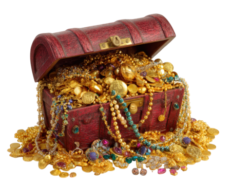 Vintage treasure chest overflowing with gold coins, jewelry, and colorful gems, creating sense of adventure and discovery. rich colors and intricate details evoke feeling of luxury and excitement