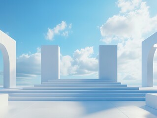 Minimalist blue-white stage set with stacked cubes and floating mist: pure abstract space for product displays or futuristic architectural visualization