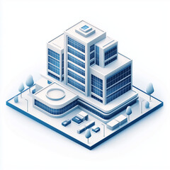 Abstract 3D rendering of a modern hospital featuring urban architecture with blue and white color scheme, healthcare innovation and technological advancement in medical facilities.