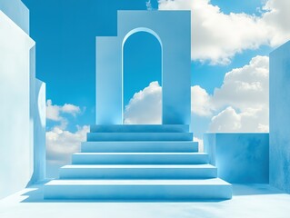 Minimalist blue-white stage set with stacked cubes and floating mist: pure abstract space for product displays or futuristic architectural visualization
