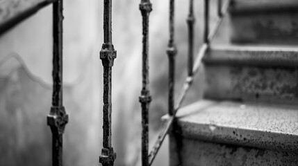 Stairway railing, close-up view of metal handrail on staircase. 
