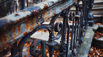 Stairway railing, close-up view of metal handrail on staircase. 