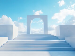 Minimalist blue-white stage set with stacked cubes and floating mist: pure abstract space for product displays or futuristic architectural visualization