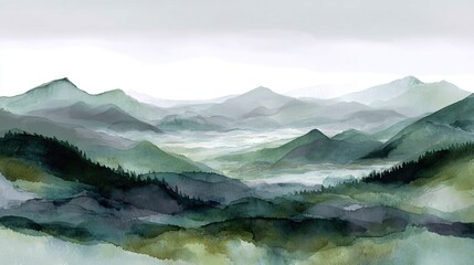 Abstract watercolor landscape with soft green and gray mountain layers, AI. High quality