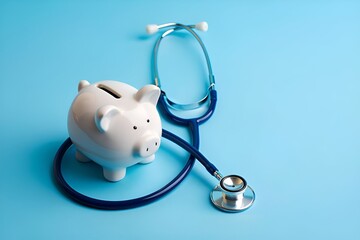Piggy bank and stethoscope on blue. Healthcare costs, medical savings, financial health concept.