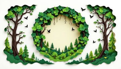 Whimsical green forest surrounding circular frame filled with lush trees and birds, creating serene atmosphere