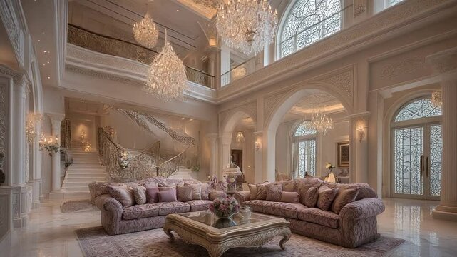 Elegant luxury living room with grand staircase and chandeliers