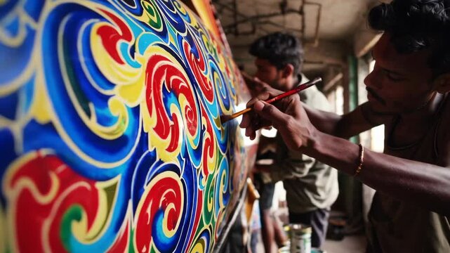 Indian truck artists painting colorful swirls on a vehicle