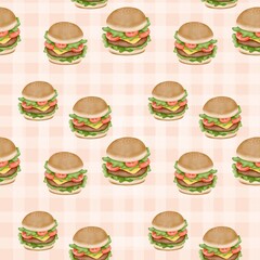 Seamless Pattern with Summer Burgers on Cream
