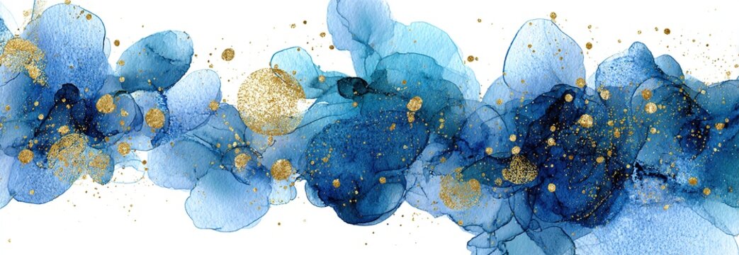 Modern watercolor background or elegant card design for birthday invite or wedding or menu with abstract blue ink waves and golden splashes on a white. High quality