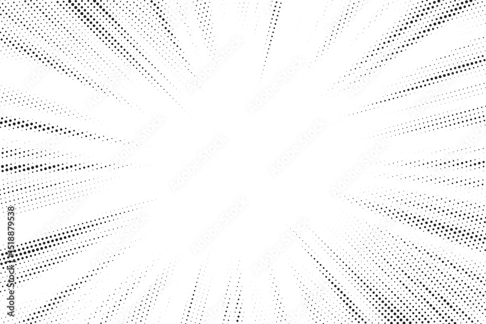 Poster Halftone gradient sun rays pattern. Abstract halftone vector dots background. monochrome dots pattern. Vector background in comic book style with sunburst rays and halftone. Retro pop art design.