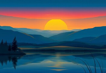 Fototapeta premium Serene lake, rolling hills, fishing rods, tranquil sunset, flat vector illustration, pond, activity