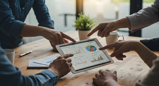 Collaboration Among Business Professionals Analyzing Data Insights on Tablet in Modern Office