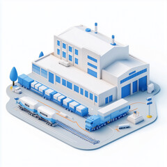 Abstract 3D rendering of a train and logistics center featuring urban architecture with blue and white,  symbolizing transportation efficiency and technological innovation in supply chain management