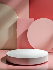 Elegant White Circular Podium Surrounded by Soft Pastel Geometric Background Elements