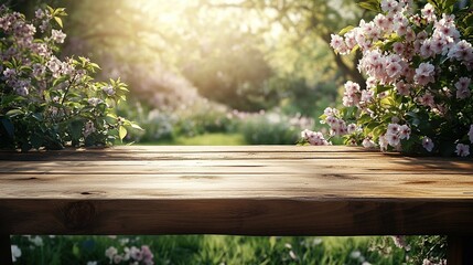Wooden table in a springtime garden