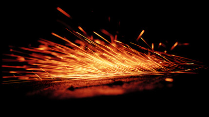 Glowing metal sparks in motion, a dance of fiery particles. Industrial energy transformed into abstract art.
