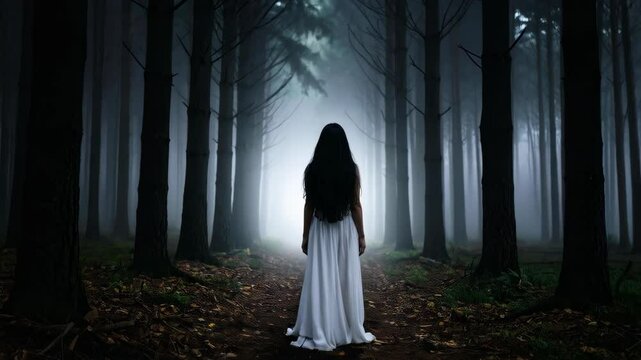 Figure in long white dress standing in foggy forest path lined with tall dark trees creating mysterious, creepy, and atmospheric scene.