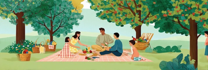 Enjoying a Family Picnic in a Sunny Park With Blankets, Basket, and Children Playing Among Trees and Greenery