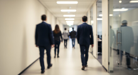 Group of Professionals Walking Through a Modern Office Hallway in a Corporate Environment