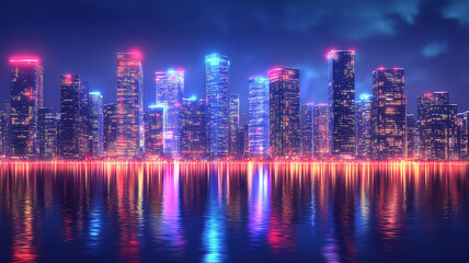 Fototapeta premium Modern Skyscraper Network At Night Featuring Urban Architecture And Speed Energy Flow