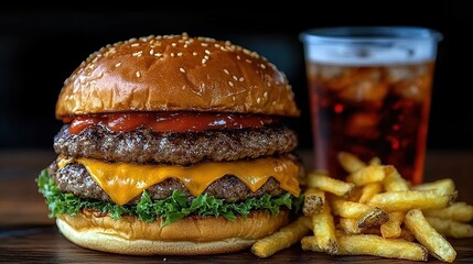 Double cheeseburger with fries and a drink