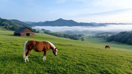 Horses Grazing in a Foggy Mountain Pasture