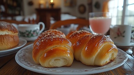 Golden pastries on a plate, accompanied by beverages and other breakfast items in a cozy setting