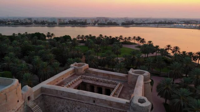 Aerial view of heritage fort during golden hour in jubail, saudi arabia