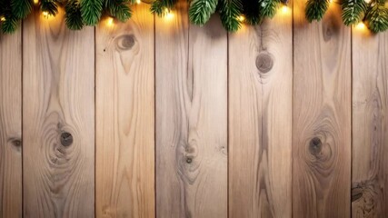 Overhead close-up featuring lighted evergreen branches with snowy accents on light brown wooden panels for holiday background - Powered by Adobe