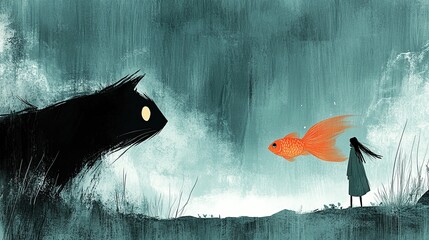 A girl stands between a large black cat and a gold fish in a muted landscape