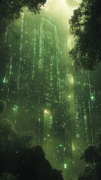Futuristic metropolis amidst lush foliage, blending nature with advanced architecture
