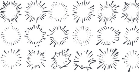 Minimalist Black and White Composition of Explosive Sunburst Graphics and Simplified Deciduous and Coniferous Tree Forms in a Flat Design Layout

