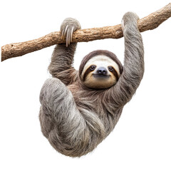 A sloth hangs from a tree branch, displaying its long claws and relaxed expression. Png, Transparent background.