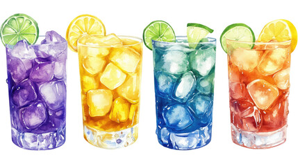 Vibrant Multicolor Watercolor Cocktails with Citrus Isolated on Transparent Background