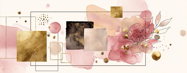 Arrangements. Blush, pink, ivory, beige watercolor Illustration and gold elements, on white background. Abstract modern print set. Logo. Wall art. Poster. Business card. High quality