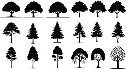 Vector Illustration of Black Tree Silhouettes in Grid Layout on White Background Featuring Diverse Tree Shapes and Simplified Graphic Style


