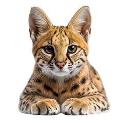 Obraz premium A serval cat with striking spotted fur and large ears gazes forward with an alert expression. Png, Transparent background.