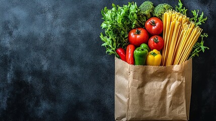 Fresh pasta and vegetables in a paper bag