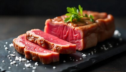 Savor Exquisite Rare Steak Slices on Dark Slate Platter with Herb Garnish and Sea Salt