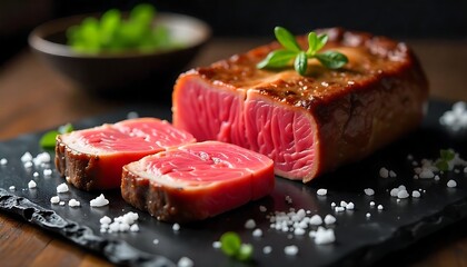 Savor Exquisite Rare Steak Slices on Dark Slate Platter with Herb Garnish and Sea Salt