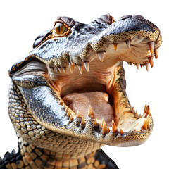 Obraz premium A crocodile with its mouth wide open, displaying sharp teeth against a black background. Png, Transparent background.