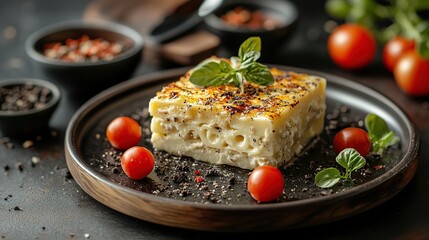 Creamy pasta bake, topped with herbs and cherry tomatoes