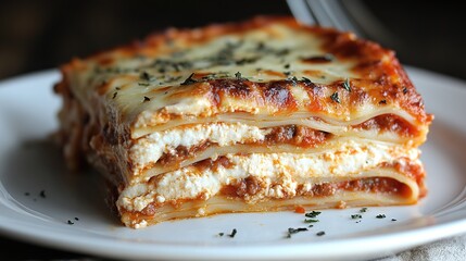 A slice of lasagna, showcasing layered pasta, meat sauce, ricotta, and melted cheese, topped with fresh herbs