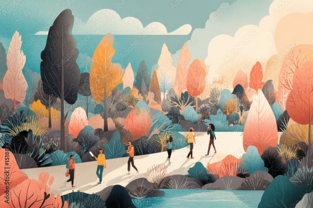 Poster digital detox retreat with people enjoying nature in a serene environment surrounded by vibrant tree