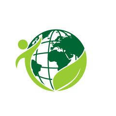 Green globe with abstract leaf and human vector logo