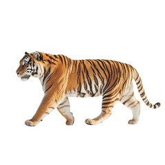 Obraz premium A majestic tiger walking gracefully, displaying its distinctive orange fur and bold black stripes. Png, Transparent background.