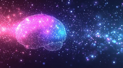 Abstract representation of a brain, illuminated with vibrant colors, against a backdrop of a starry night sky